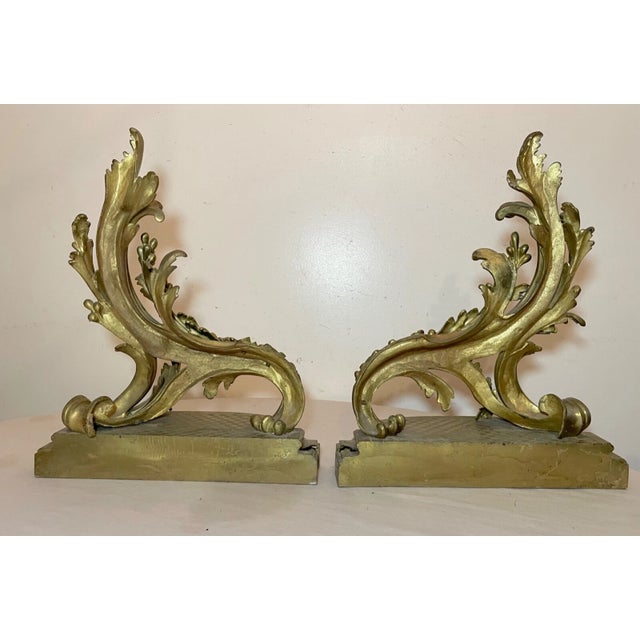 Pair of Antique 19th Century Ornate Rococo Gilt Bronze Fireplace Andirons Brass For Sale - Image 14 of 15