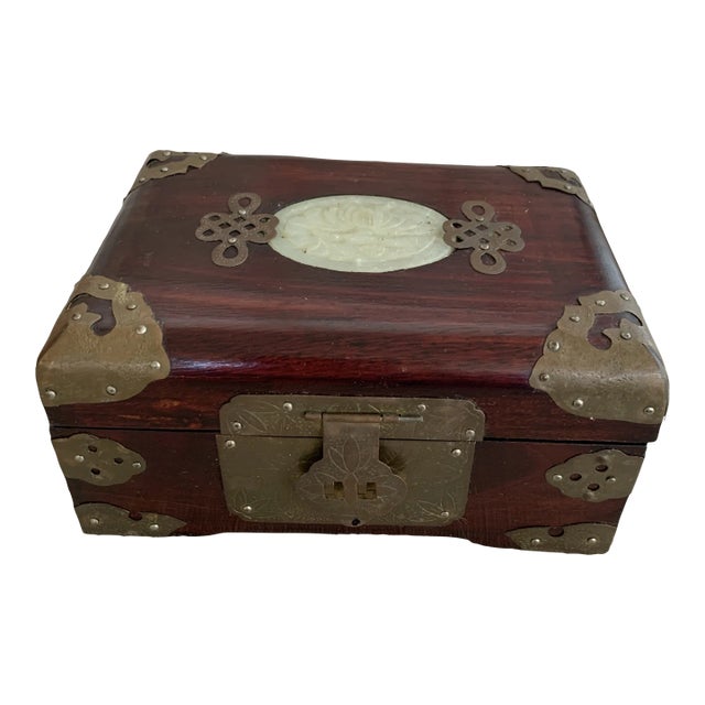 Vintage Mid-Century Rosewood & Brass & Jade Jewelry Casket For Sale