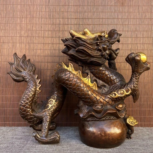 Metal Late 20th Century Gilt Bronze Dragon on Treasure Basin Sculpture For Sale - Image 7 of 9