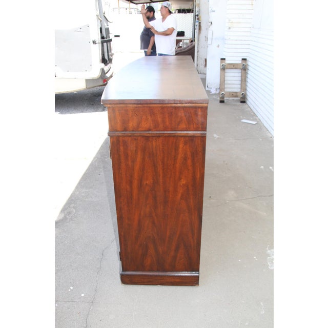 Georgian Style Sideboard by Robb & Stucky, Circa 1980s 3 door with shelving and book-matched mahogany, decorative inlay...
