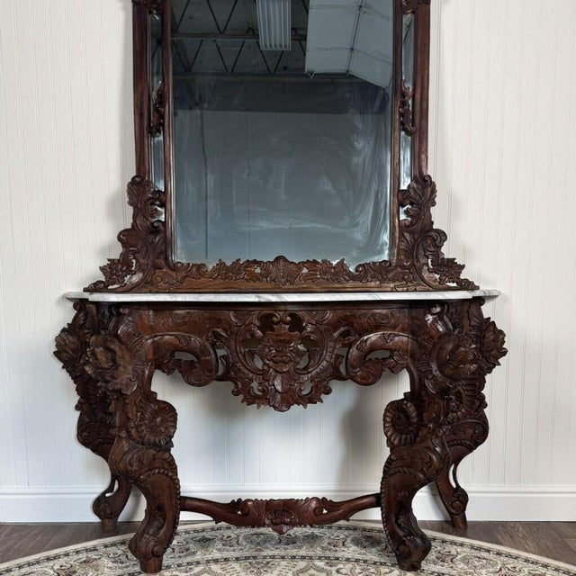 Rococo Late 20th Century Hand-Carved Rococo Revival Marble Console & Mirror For Sale - Image 3 of 17