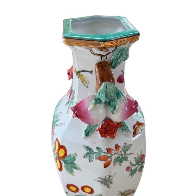 Ceramic Pair of Famille Rose Vases Pomegranate Handles For Sale - Image 7 of 13