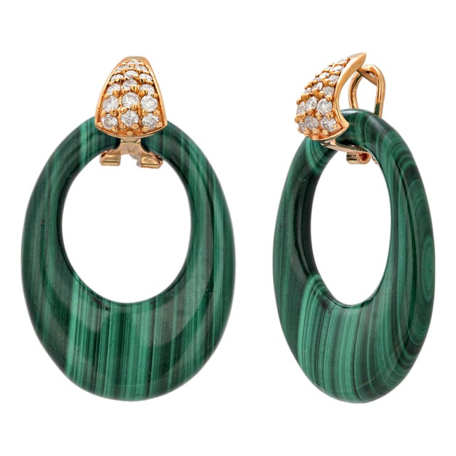 14k Yellow Gold Door Knocker Drop Earrings With Carved Malachite and Diamonds, A Pair For Sale