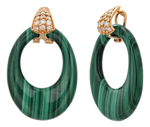 14k Yellow Gold Door Knocker Drop Earrings With Carved Malachite and Diamonds, A Pair