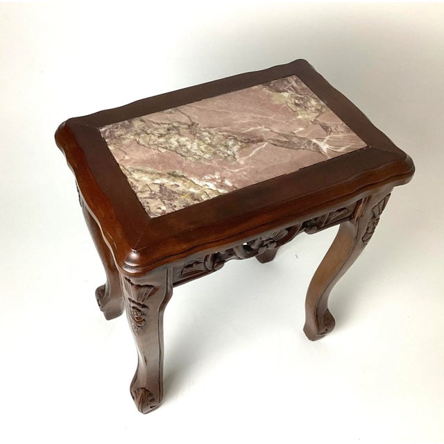 Chinese Small Chinese Carved Wood Side Table With Inlaid Pink Marble Top For Sale - Image 3 of 8