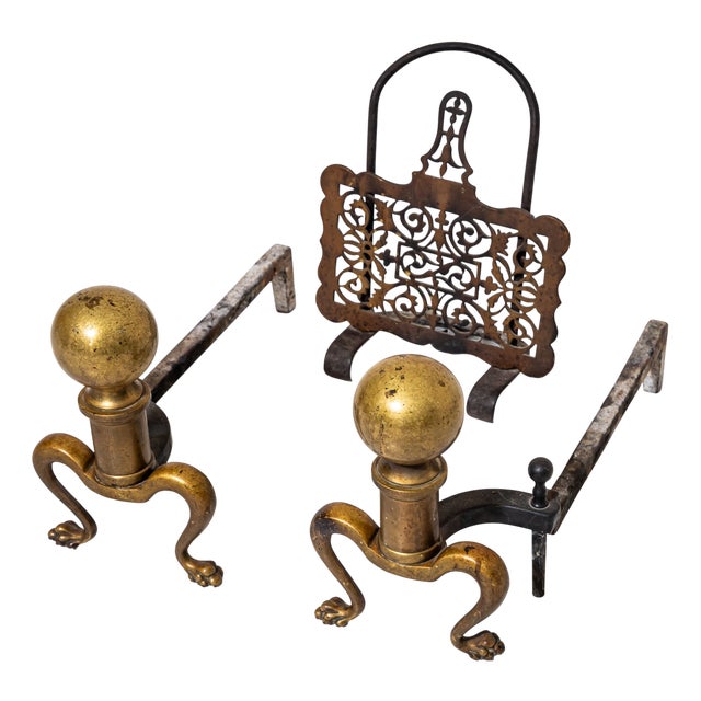 Antique Andirons with Fireplace Tools, 1800s, Set of 3 For Sale
