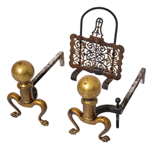 Antique Andirons with Fireplace Tools, 1800s, Set of 3