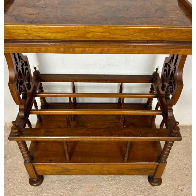 1930s Victorian Walnut Canterbury Magazine Rack with Tray Top For Sale - Image 9 of 10