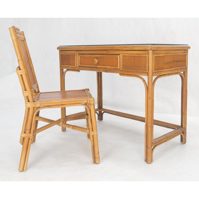 Light Amber Bamboo Glass Top One Drawer Low Profile Compact Desk with Chair MINT - Set of 2 For Sale - Image 10 of 12
