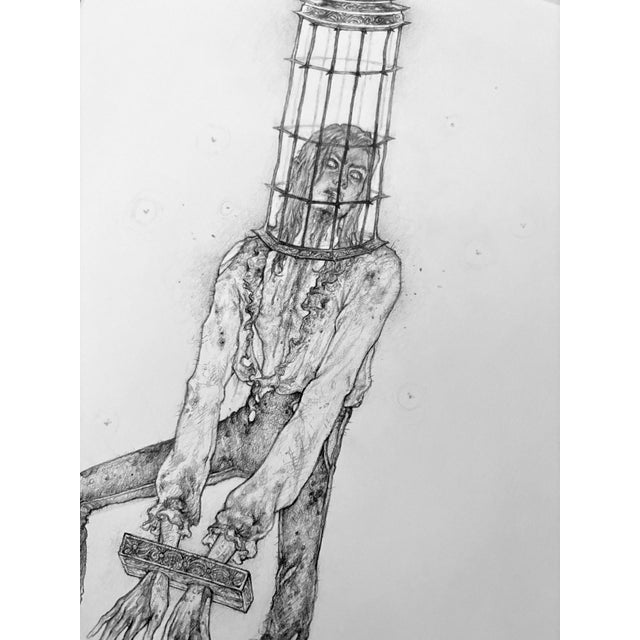Surrealism The Famished Vampire by Timothy Von Rueden | Graphite on Mixed Media Paper depicting a vampire in a cage. For Sale - Image 3 of 3