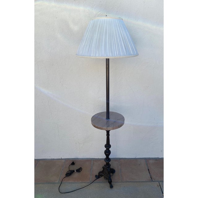 Early 20th Century Vintage Regency Style 2 Light Embellished Bronze Floor Lamp With Attached Marble Table and Shade For Sale - Image 5 of 15