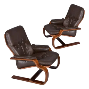 Pair of Brown Leather Scandinavian Cantilever Bentwood Sling Chairs