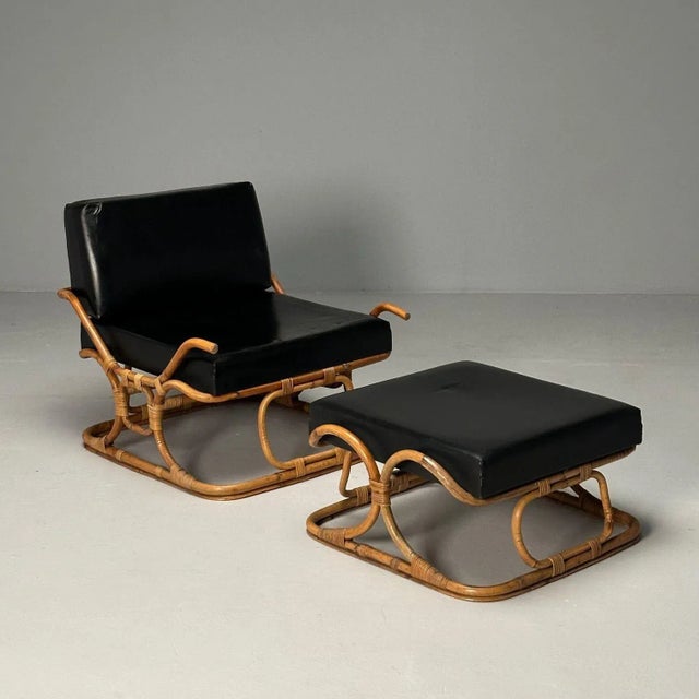 Mid-Century Modern Isa Ponte San Pietro, Italian Mid-Century Modern, Armchair, Ottoman, Rattan For Sale - Image 3 of 12
