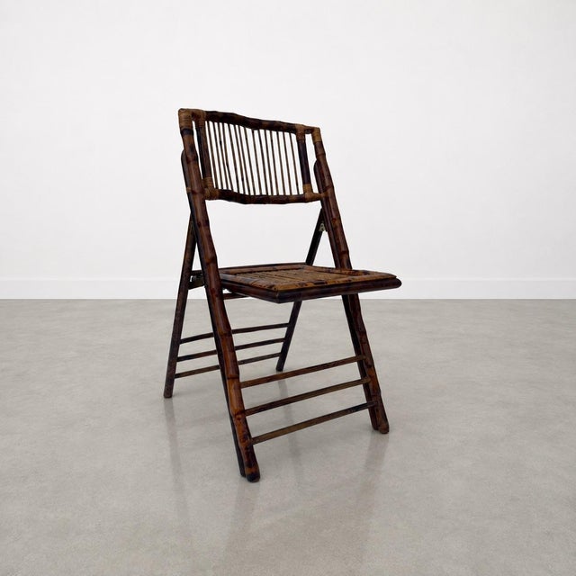 1980s Rustic Tortoiseshell Bamboo Folding Chairs With Side Tables - Set of 8 For Sale - Image 4 of 12