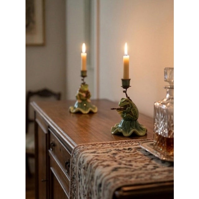 Pair of Vintage Whimsical Ceramic and Bronze Patinated Metal Musical Frog Candle Holders For Sale - Image 11 of 12