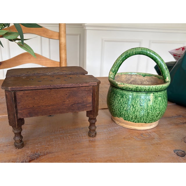 French Country Set of 2, 19th Century French Country Wooden Foot Stool & Glazed Terracotta Couvot For Sale - Image 3 of 3