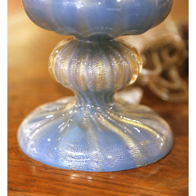 Glass Pair of Mid-Century Italian Murano Blue Art Glass Table Lamps With Custom Shades For Sale - Image 7 of 8
