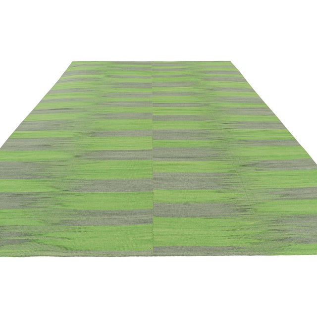 2010s Rug & Kilim’s Contemporary Kilim in Green & Gray Stripes & Geometric Patterns For Sale - Image 5 of 7
