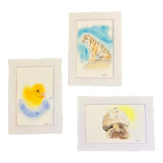 Contemporary Original Small Animal Watercolor Paintings Duck/Tiger/Turtle-Set of 3 For Sale