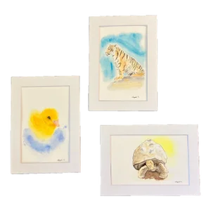 Contemporary Original Small Animal Watercolor Paintings Duck/Tiger/Turtle-Set of 3