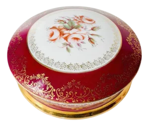Vintage Ruby ​​Red Bonbonnière with Gold Leaf Flowers from Limoges, 1970s