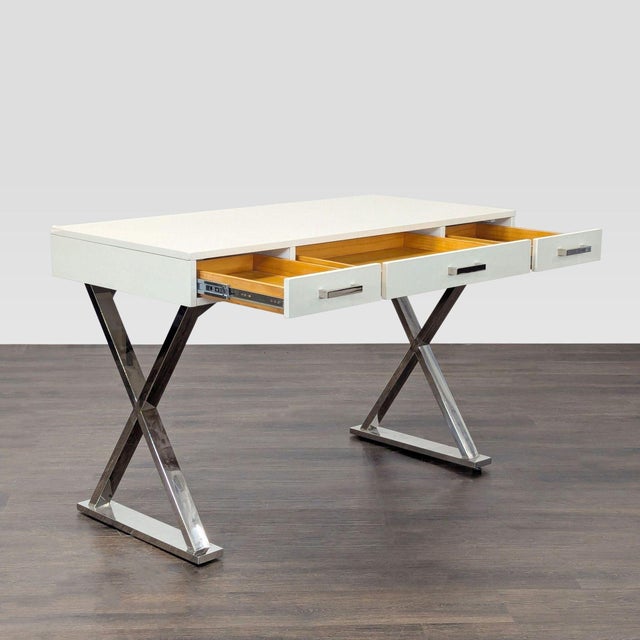 Modern Pottery Barn Ava Modern White Desk With Chrome Legs and Three Drawers For Sale - Image 3 of 10