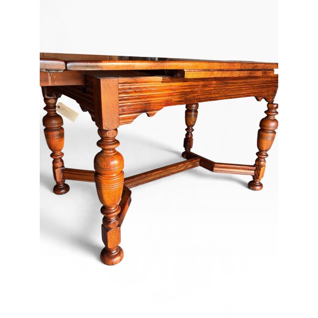 Professionally Restored 1930s Jacobean Revival (William and Mary Style) Solid Oak Draw-Leaf Dining Table For Sale - Image 9 of 12