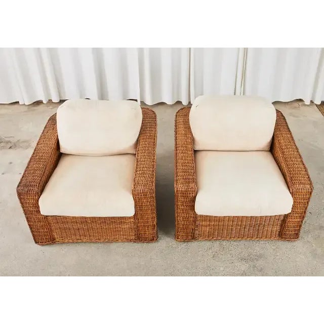 Contemporary Pair of Michael Taylor Style Woven Rattan Wicker Lounge Chairs For Sale - Image 3 of 13