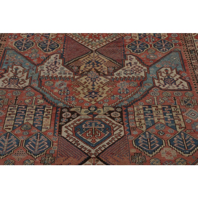 Antique Russian Dragon Soumak Tribal Rug in All Over Red, Beige-Brown Geometric Pattern For Sale - Image 4 of 7