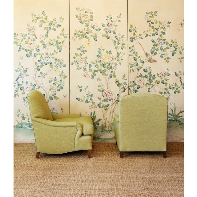 Lovely pair of custom upholstered english roll arm chairs with down fill, and contrast slate blue piping. Excellent...