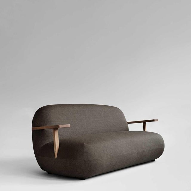Toe sofa in stone gray teak and outdoor technical fabric, contemporary sculptural style inspired by 1970s space-age...