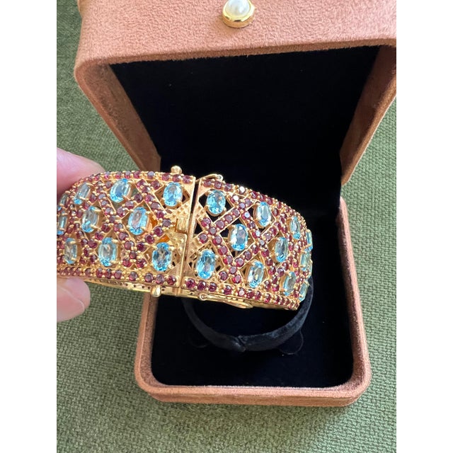 Bochic "Capri" Vintage Rhodolite & Multi Gem Bangle Set In 18K Gold & Silver Natural Rhodolite & Blue Topaz 29.00 Carats...