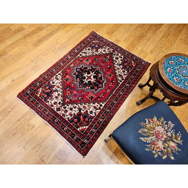 Vintage Persian Heriz Rug, Hand-Knotted Wool, Geometric Medallion Pattern, Red & Ivory, 3x5 For Sale - Image 4 of 17