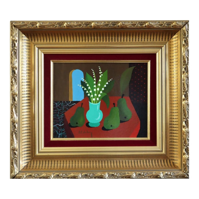Mid-Century Modern 'Lily of the Valley With Pears' Vintage Original Still Life Oil Painting by Swedish Artist Eric Cederberg (1897-1984), Framed For Sale