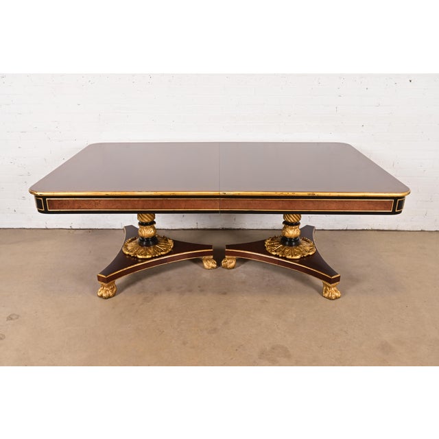 Wood Baker Furniture Stately Homes Collection Mahogany, Burl Wood, and Parcel-Gilt Double Pedestal Extension Dining Table, Newly Restored For Sale - Image 7 of 18