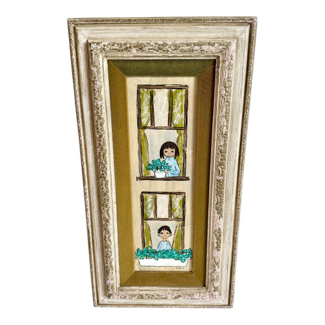 1960s Original Framed Painting of Children in Windows by Flavia Marie Weedn 1929-2015 For Sale