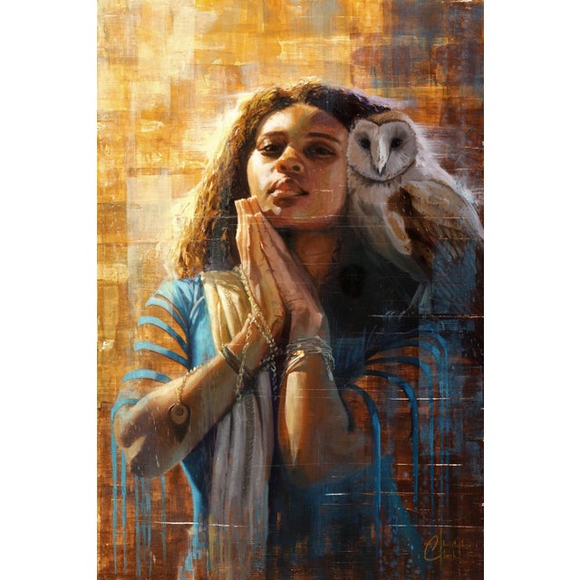 This oil painting on wood panel depicts a serene figure embodying wisdom, with an expressive gaze and hands clasped in...