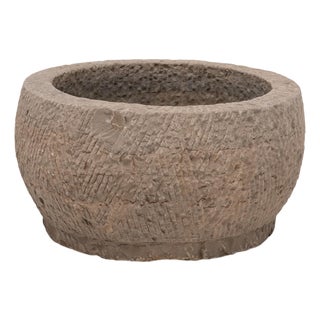 Antique Chinese Furrowed Stone Basin, 19th Century For Sale