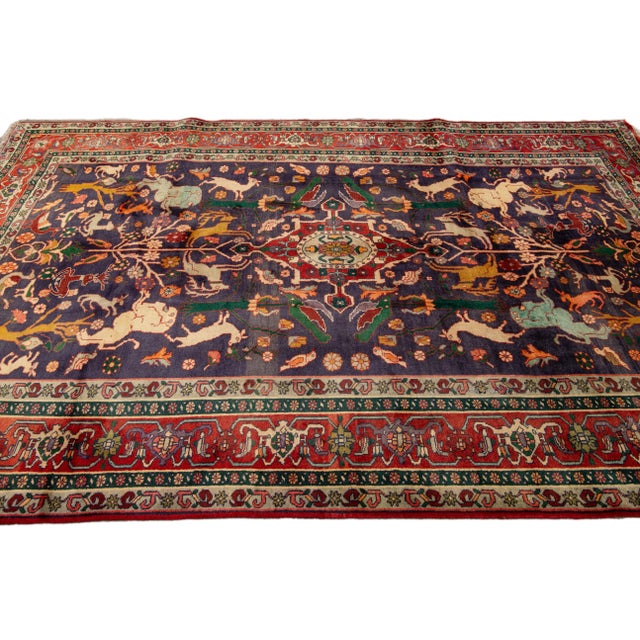 Vintage Shiraz Handmade Pictorial Designed Blue Wool Rug For Sale In New York - Image 6 of 11