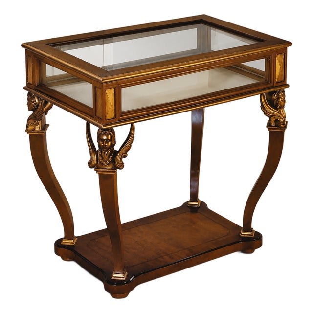 Italian Empire Style Curio End Table With Glass Display Case & Gold Accents For Sale