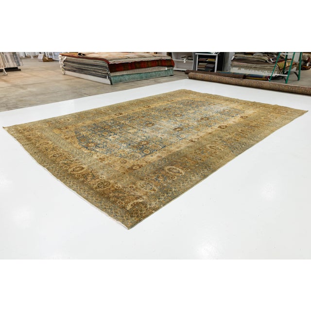 Antique Persian Tabriz Rug Muted Blue & Ochre All-Over Botanical Design For Sale - Image 4 of 10