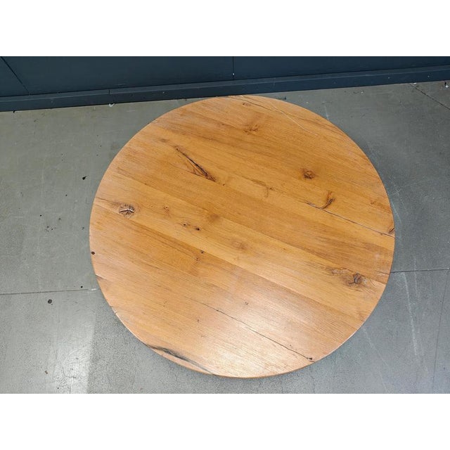 Brutalist style coffee table with a thick oak table top on a tripod wooden base. Good condition. 1960s - Belgium...