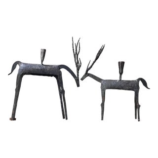 Vintage Brutalist Forged Iron Deer Candle Holders (Pair) For Sale