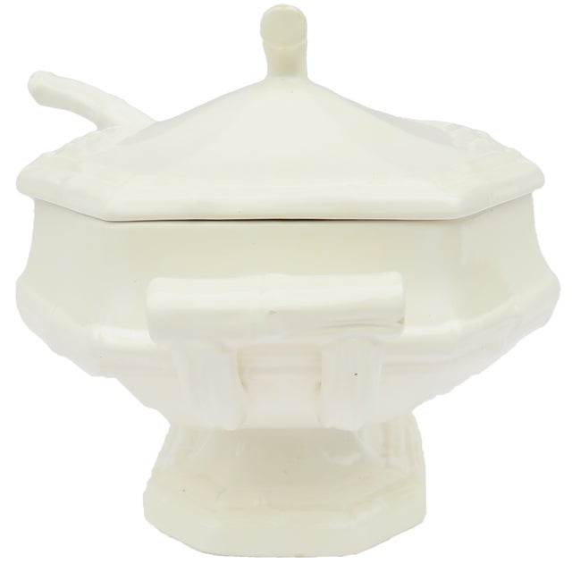 Fabulous Chinoiserie faience soup tureen with faux bamboo detailing. The set consists of a generously sized (14"w x 9"d x...