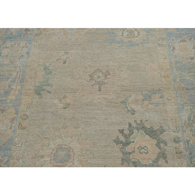 Modern Turkish Oushak Rug Earthy Green & Beige Handwoven Wool Rug 4'2" X 5'6" For Sale - Image 3 of 9