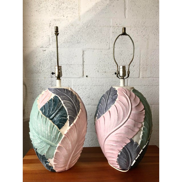 A Pair of Vintage Coastal-Style Banana Leaves Plaster Table Lamps. Circa 1980s. These beautiful Coastal Style / Palm Beach...