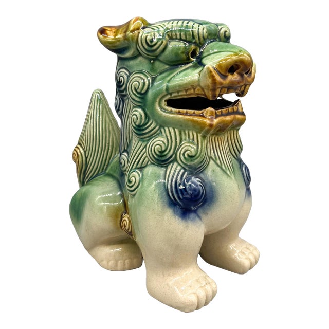 Large 1980s Chinese Sancai-Style Glazed Ceramic Foo Dog – Chinoiserie / Asian Traditional For Sale