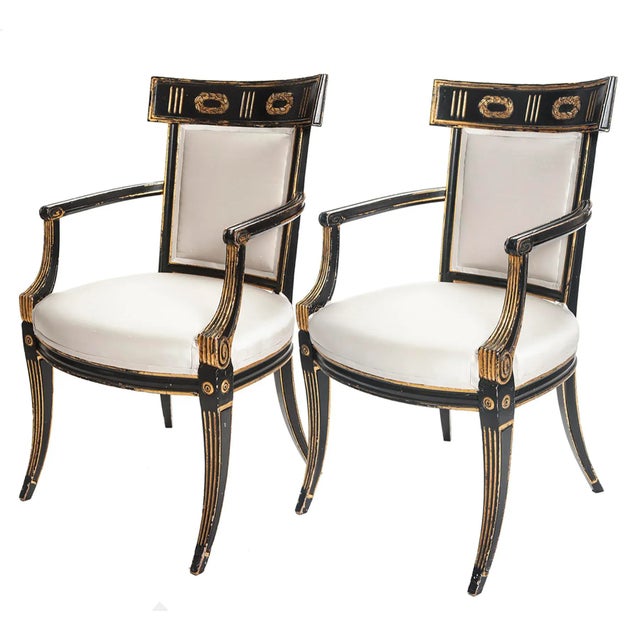 Early 19th Century Italian Regency Style Ebony & Gilt Armchairs in European Silk - a Pair For Sale - Image 13 of 13
