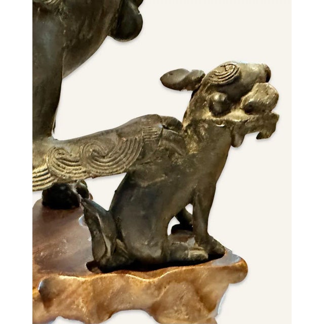 Metal Pair of 17th Century Late Ming Bronze Foo Dogs With Stands For Sale - Image 7 of 13