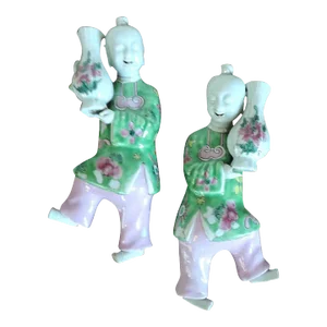 Antique Early 19th Century Chinese Porcelain Wall Pockets Ho Ho Boys Holding Vases in Famille Rose Glaze - a Pair